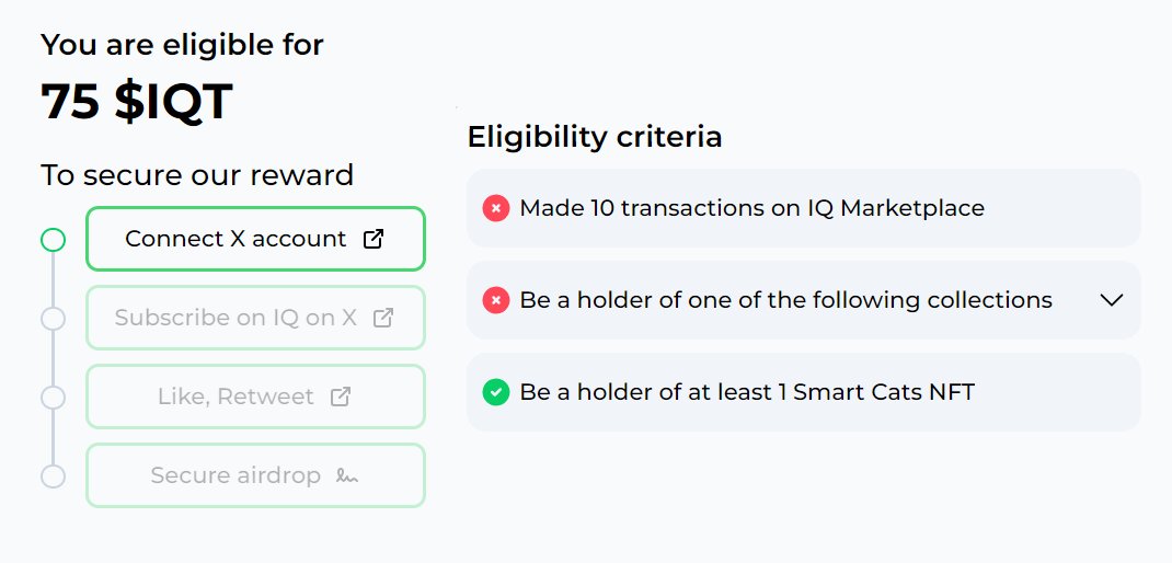 เคลม $IQT airdrop 🪂 จาก <a href="/IQLabs_official/">IQ Protocol | #NFT Rental Marketplace 🎮🕹️⚡</a> 
👉 v2market.iq.space/retrodrop
:
แจกรวม 1.7M $IQT (FCFS) ด้วยเกณฑ์ดังนี้ (any)
🔹 มี Smart Cats NFT ของ <a href="/SmartLayer/">Smart Layer</a>
🔹 มี 10 tx บน market.iq.space
🔹 ถือ Gaming NFTs holders
ดูรายชื่อ NFTs: blog.iq.space/iq-protocol-an…
:
เคลมผ่านเชน