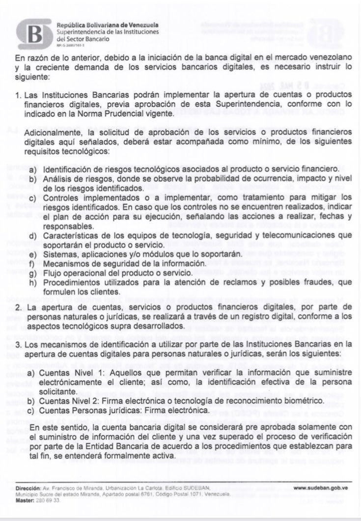 pachecorpedro's tweet photo. 5/3/2024. Sudeban emite Circular sobre los lineamientos para abrir cuentas digitales y la aceptación de contratos electrónicos. @ABVasobanca https://t.co/UEBoCEXMdo