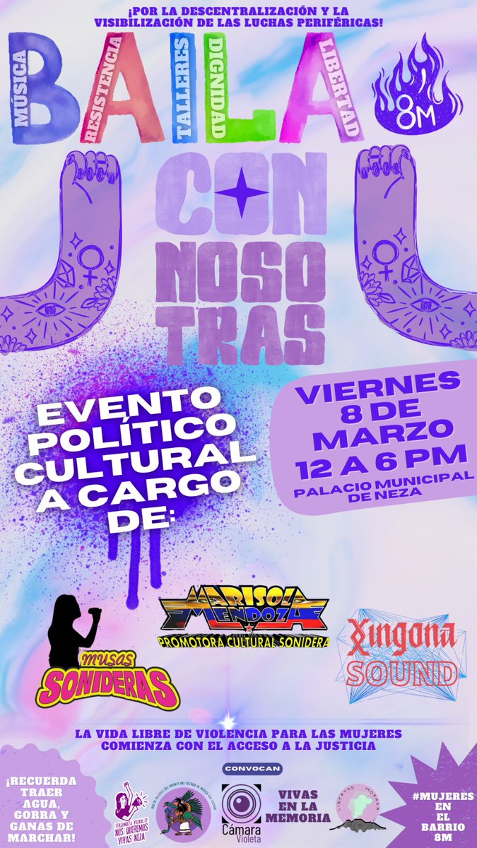 Estamos a 3 días del #8M2024  es un honor poder compartir que después de la marcha tendremos la presencia de diferentes compañeras muy talentosas en la música. 

Porqué la música también es una forma de protesta y resistencia, nuestra mejor venganza es ser felices 🔥