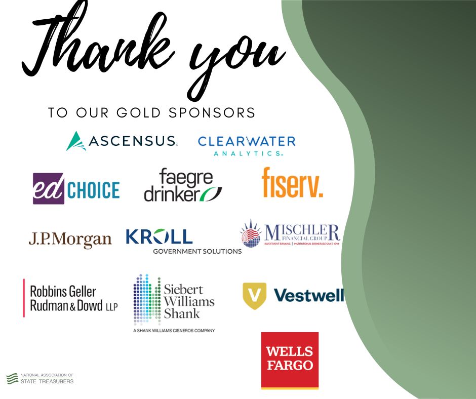 Thank you to the gold sponsors of the #NAST2024 Legislative Conference: @AscensusInc, @cwanalytics, @edchoice, @FaegreDrinker, @Fiserv, @jpmorgan, @KrollWire, Mischler Financial Group, @rgrdlaw, Siebert Williams Shank, @Vestwell, and @WellsFargo.