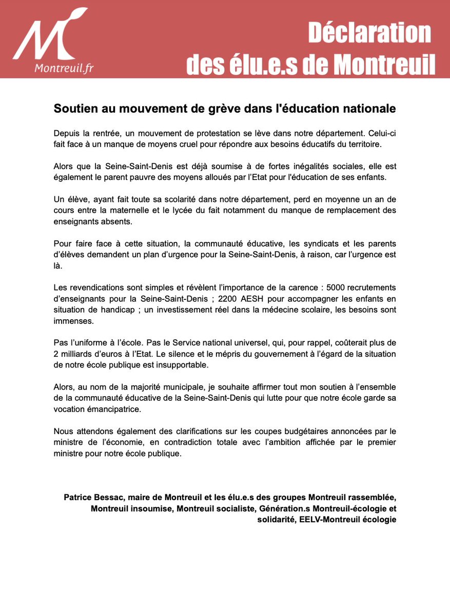 À @montreuil, nous soutenons la grève des enseignants pour (beaucoup) plus de moyens en Seine-Saint-Denis ✊ C'est notre école publique qui est en jeu !
