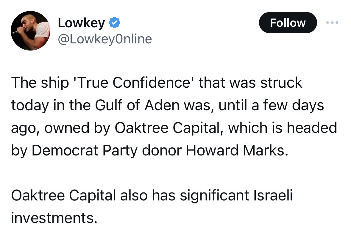 We are now soft-justifying killing random Asian civilians on the Red Sea because the ship they were sailing on was at one point owned by a company owned by an American Jew.