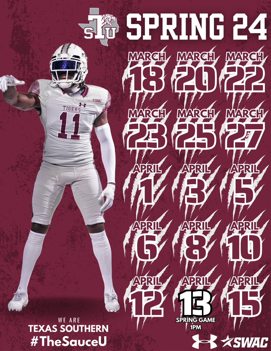 🚨Texas Southern Spring 🏈Ball Schedule❗️ 📍Durley Stadium ⌚️4:30 p.m. (Mon., Wed., Fri.) ⌚️TBA (Saturday) ⌚️1:00 p.m. (Spring Game - April 13th) If you would like to attend, please contact our Chief of Staff, Charles Nichols via email: charles.nichols@tsu.edu #TheSauceU