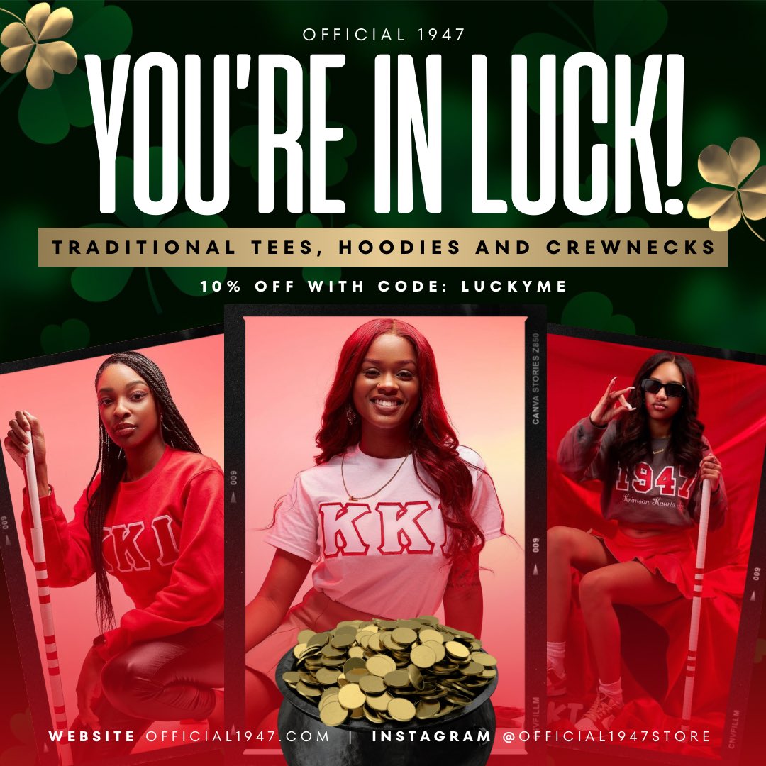 Official_1947's tweet photo. Feeling lucky? 🍀 Our Traditional Tees, Crewnecks &amp; Hoodies are 10% off until SUNDAY! 

Use code ‘LUCKY ME’ at checkout for your dose of MARCH MAGIC.

https://t.co/wyzAdNDDGH

#KappaSweethearts #KappaDiamonds #KKI #KKINSO #YoSweet #KappaSweetheart #KappaDiamond #SWYO #SWO https://t.co/l7V6bAnDJn