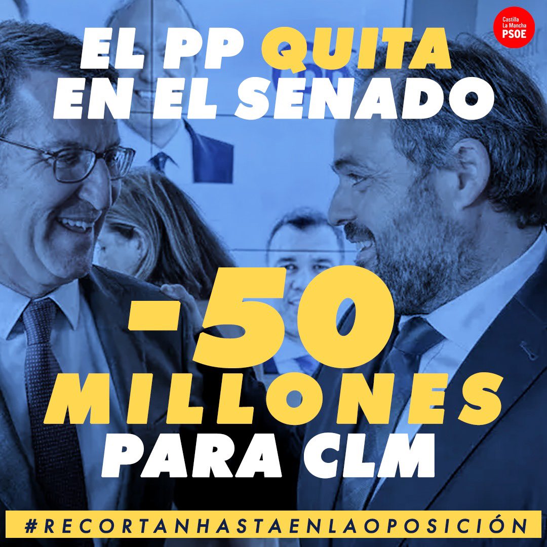En el PP, por recortar, recortan hasta en la oposición

El PP  ha quitado 50 millones de margen para CLM al votar en contra de la senda de déficit en el Senado

Ahora, cuando <a href="/paconunez_/">Paco Núñez</a> pida 1€ más para cualquier programa  tendrá que traerlos de Génova, donde nos lo han quitado
