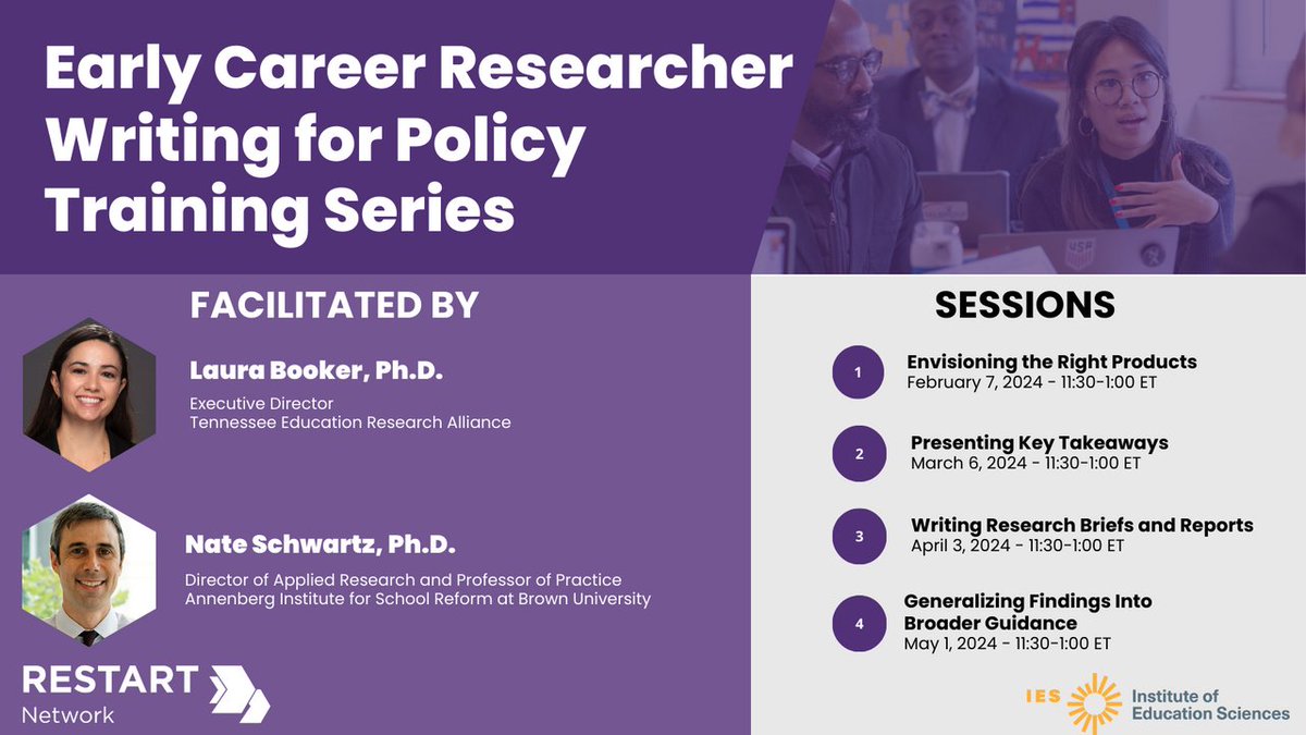The second session in our four-part Writing for Policy training series is today! 

Today’s session is focused on building engaging presentations that help stakeholders identify the key takeaways from research. 

Can’t wait to join with everyone later today! #IESfunded