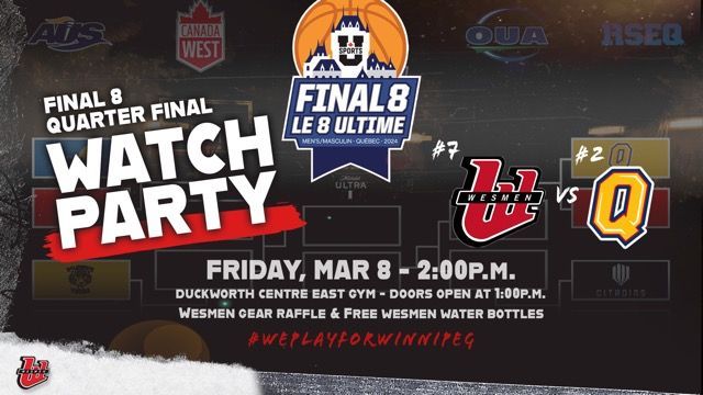 The <a href="/WesmenMBB/">Wesmen Men's Basketball</a> team is heading to Quebec City to play in the <a href="/USPORTS_Bball/">U SPORTS Basketball</a> national quarter-finals! 🏀

All are invited to a watch party in the Duckworth Centre this Friday at 2 p.m. 

Get a free Wesmen water bottle and enter to enter a Wesmen gear raffle!

#WePlayForWinnipeg
