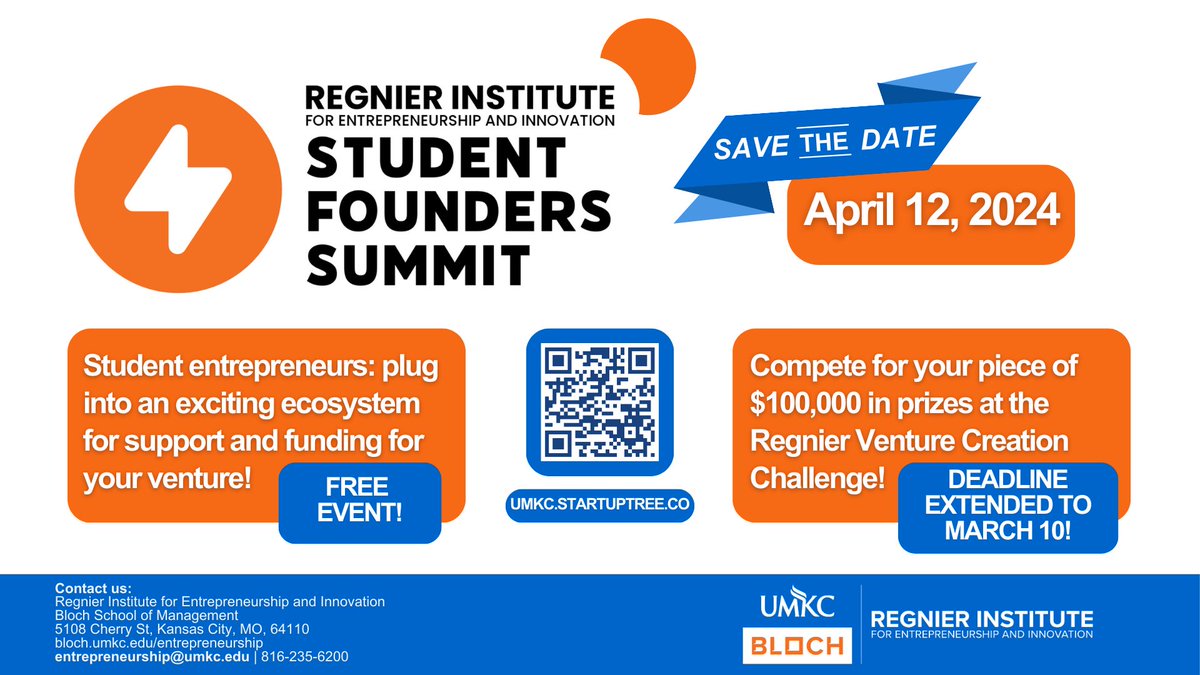 ❗️ATTENTION: DEADLINE EXTENDED TO MARCH 10TH!!❗️

➡️Entrepreneurship workshops led by KC entrepreneurs
➡️Mentor and Lawyer resources to support your journey
➡️Startup Career Fair
➡️RVCC finals offering over $100k in prize money!

Submit here: umkc.startuptree.co

<a href="/UMKCBloch/">UMKC Bloch School</a>