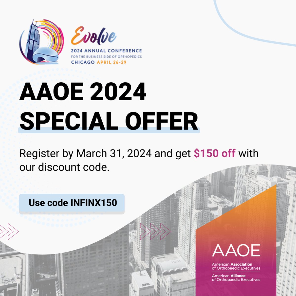 📣 AAOE extended our early bird discount code so that our community can save $150 Here’s how to claim it: 🔗 Visit hubs.li/Q02nqgdP0 🔐 Use our code at checkout: INFINX150 🗓 Code extended until March 31, 2024 See you in Chicago! #AAOE #AAOE2024 #OrthopedicRCM
