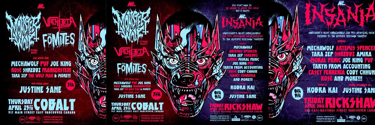 TICKETS AEW NOW LIVE!!!
Get ready for INSANIA at the <a href="/RickshawTheatre/">Rickshaw Theatre</a> April 26

Starring @MechaWolfRD <a href="/PufTheWrestler/">puf</a> <a href="/VillainTaraZep/">♦️ VILE VILLAIN TARA ZEP ♦️</a> <a href="/caseyferreirapw/">Casey Ferreira</a> <a href="/amiraiswrestler/">AMIRA 🐿️ | アミラ</a> &amp; more! 

eventbrite.com/e/854226954817…