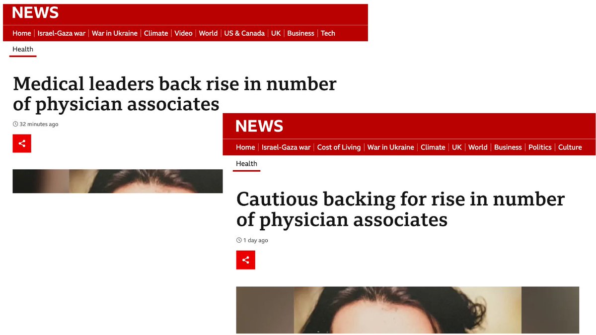 The @bbchealth news story posted by @OReillyGem claiming medical leaders backed the rise in PAs has had its headline changed - presumably it was inaccurate. As the story for how this happens starts to unfold, worth keeping an eye on the original version at web.archive.org/web/2024030502…