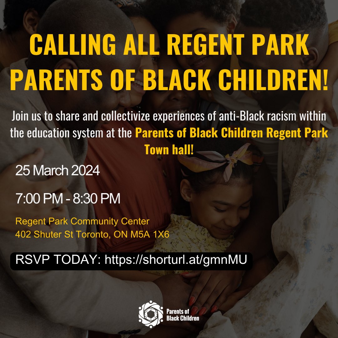 Calling all Regent Park parents of Black children! PoBC is coming to Regent Park to collectivize and come together to share experiences of anti-Black racism within the education system. RSVP: eventbrite.com/e/810498180877…