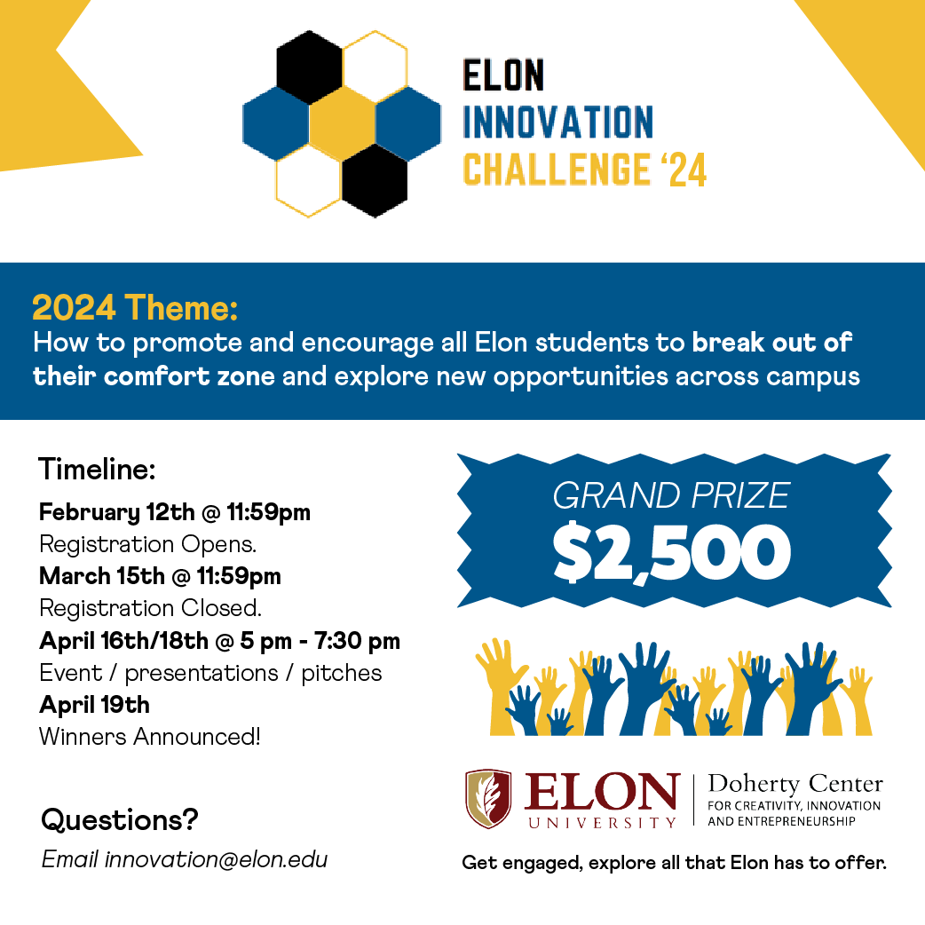 DohertyCenter's tweet image. There are less than 10 days to register for the Innovation Challenge! Open your mind to the possibilities of collaboration, creativity, and teamwork to make a groundbreaking project.

Register here:

elon.co1.qualtrics.com/jfe/form/SV_8e…