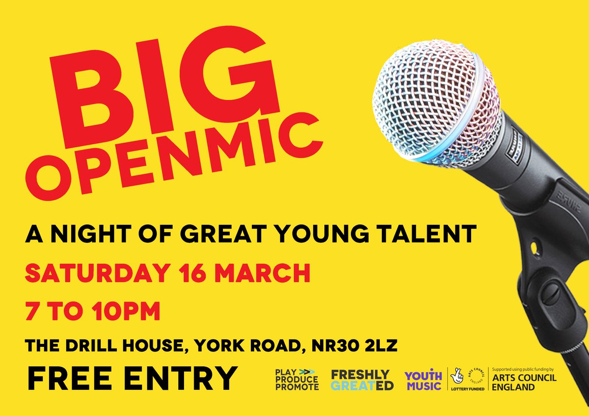 We appealed for young music talent to take part in our BIG Open Mic in Great Yarmouth - and we had so many great replies! NOW you can come and enjoy them FREE on Sat 16 March! Bring friends, family and find out about Play Produce Promote's work with young performers in the area!