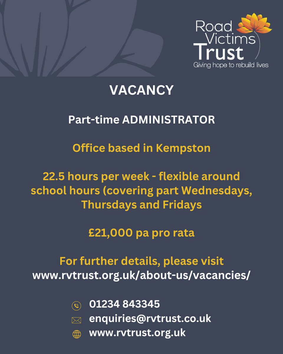 We are hiring! 🌟 We are currently looking for a Part-time Administrator to join our team. To apply, or for more information please call 01234 843345 or e-mail: enquiries@rvtrust.co.uk. #administrator #charity #joinourteam #rewardingwork