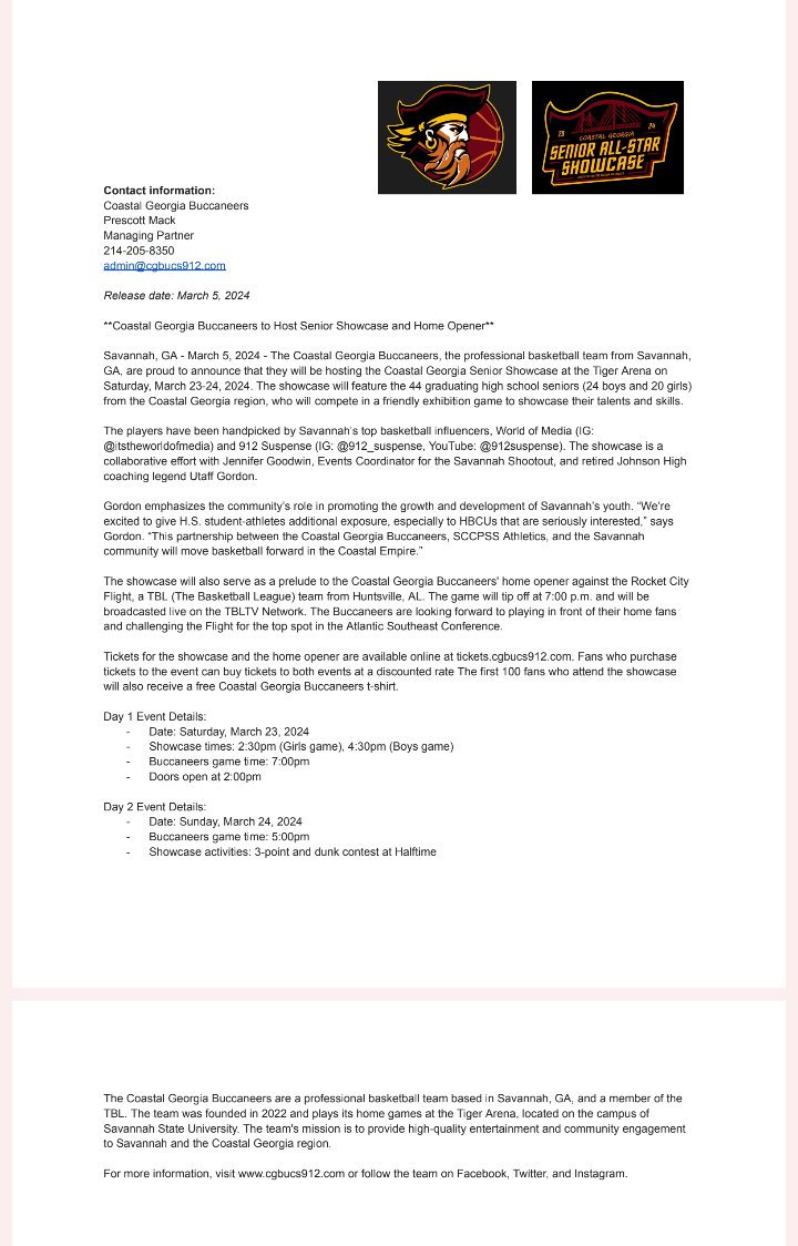 Let's continue to welcome the Coastal Georgia Buccaneers to Savannah, GA! 🏀 @cgbucs

Please be advised of their press released from March 5th, 2024. Thank you!  <a href="/DennisKnightSMN/">Dennis Knight</a>
<a href="/DonaldHeathSMN/">Donald Heath</a> <a href="/KDSportsReport/">The Savannah Sports Report w/DA Coach Karl DeMasi</a> <a href="/NathanDominitz/">Nathan Dominitz</a> @JaudonSports