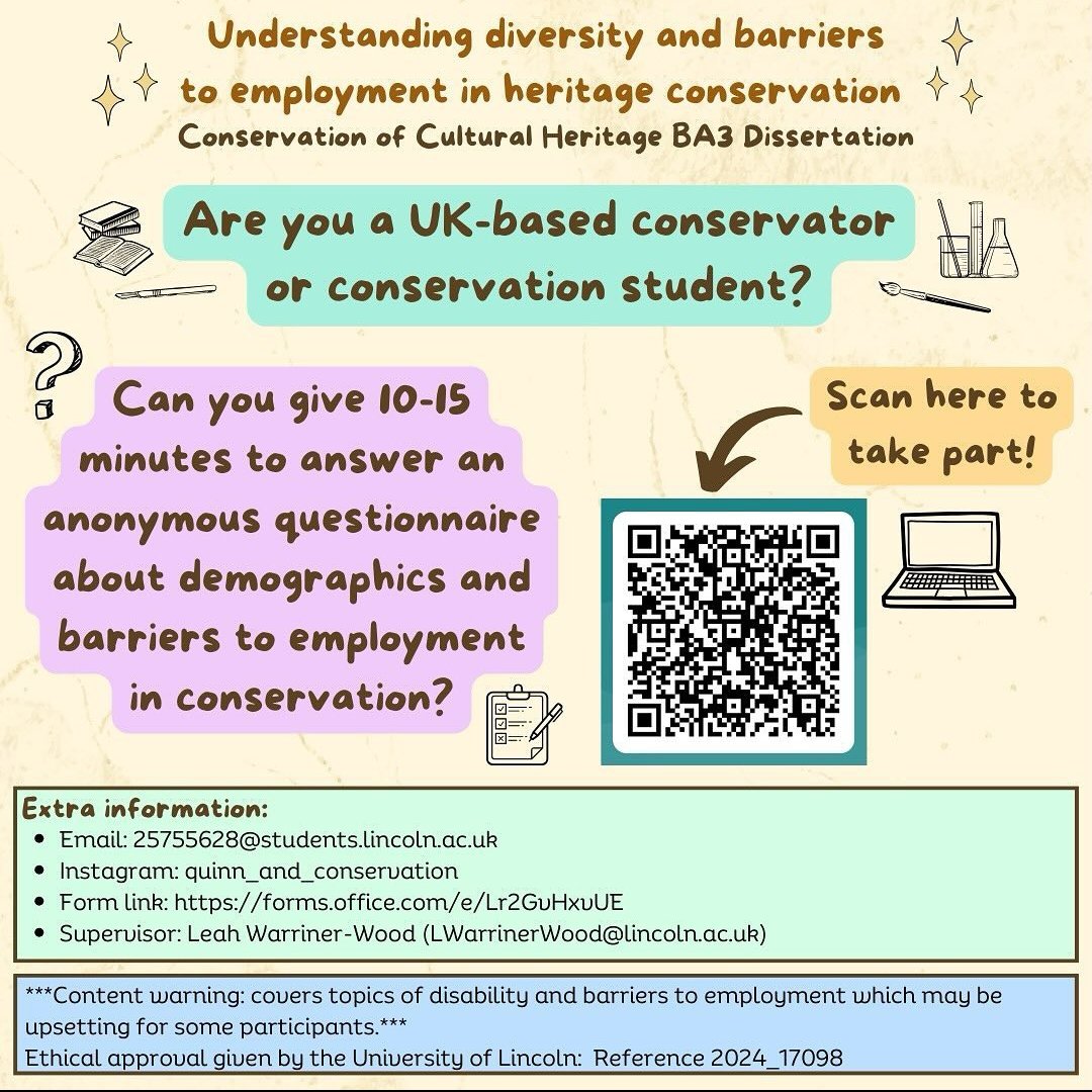 Also open to conservation students and retired conservation professionals! 🔗 forms.office.com/e/Lr2GvHxvUE @CUConservation @Kuriosa_ltd @thecwordpodcast @jimchesh @drcathydaly @LyndaSkipper @LJaneHenderson @jkconservation @ULHistory