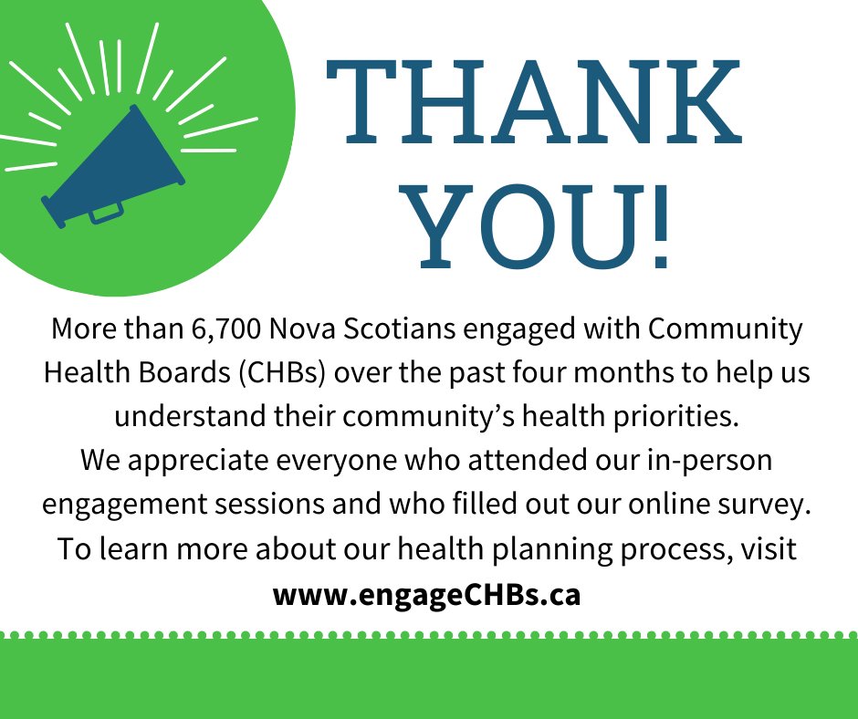 Our Community Health Boards (CHBs) are thanking the more than 6,700 Nova Scotians who took part in their health planning process over the past four months. To learn more, visit engageCHBs.ca .