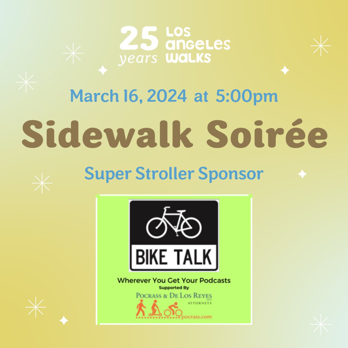 Thank you to our Super Stroller Sponsor @biketalkpfk — your support makes our work possible. There’s still time to get tickets or sponsor our Sidewalk Soirée on Saturday, March 16! losangeleswalks.org/2024_sidewalk_…