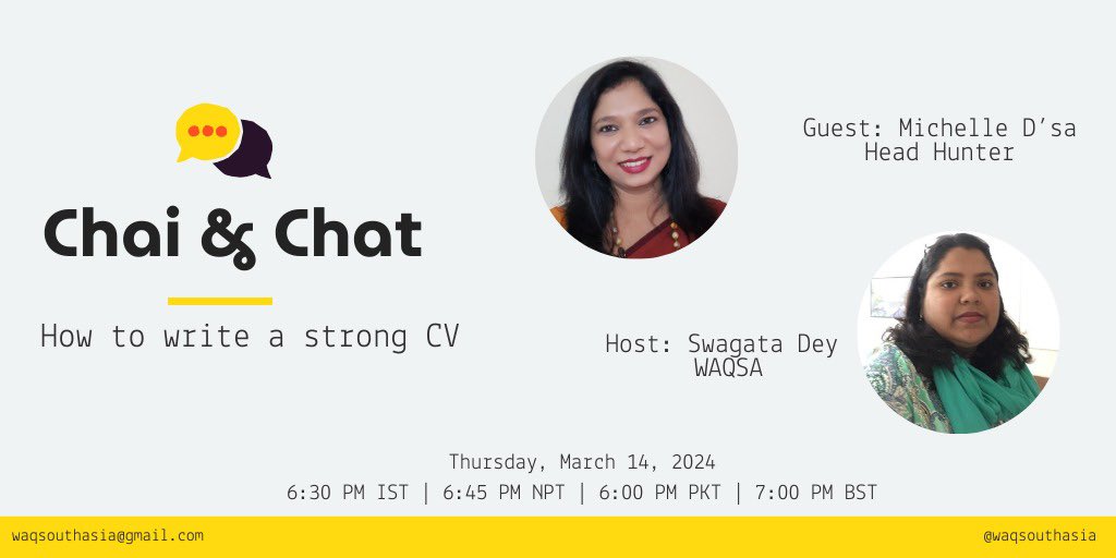 Women in Air Quality in South Asia (@waqsouthasia) on Twitter photo Have questions about CVs?
📣 Join us for the next Chai & Chat where <a href="/swags_d/">Swagata Dey</a> will speak with Michelle D’Sa about all things CVs!
🗓️ March 14, 2024
Registration: tinyurl.com/WAQSAChaiandCh…
#WomenInAQ Have questions about CVs?
📣 Join us for the next Chai & Chat where <a href="/swags_d/">Swagata Dey</a> will speak with Michelle D’Sa about all things CVs!
🗓️ March 14, 2024
Registration: tinyurl.com/WAQSAChaiandCh…
#WomenInAQ