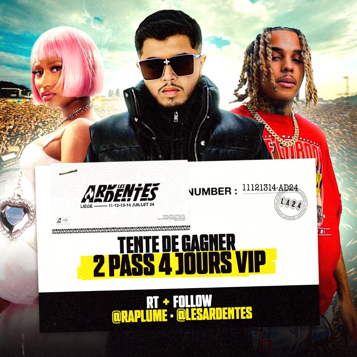 🎫 CONCOURS Tente de gagner 2 PASS 4 JOURS en VIP pour l’édition 2024 des Ardentes !! 🔥 Au programme… • Booba • Gunna • Hamza • La Fève • Nicki Minaj • DJ Snake • Werenoi • 13Block • Niska • 21 Savage … RT + FOLLOW @Raplume et @LESARDENTES