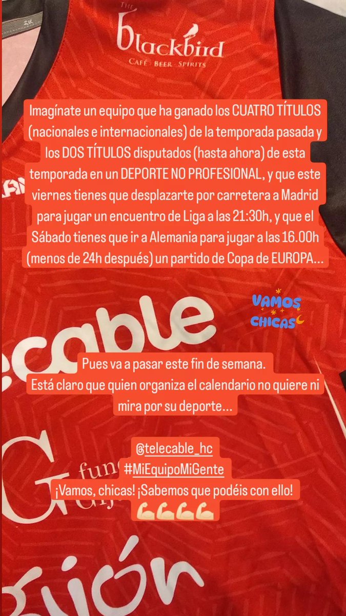 Imagínate un equipo que ha ganado los CUATRO TÍTULOS (nacionales e internacionales) de la temporada pasada y los DOS TÍTULOS disputados (hasta ahora) de esta temporada en un DEPORTE NO PROFESIONAL, y que este viernes tienes que desplazarte por carretera a Madrid