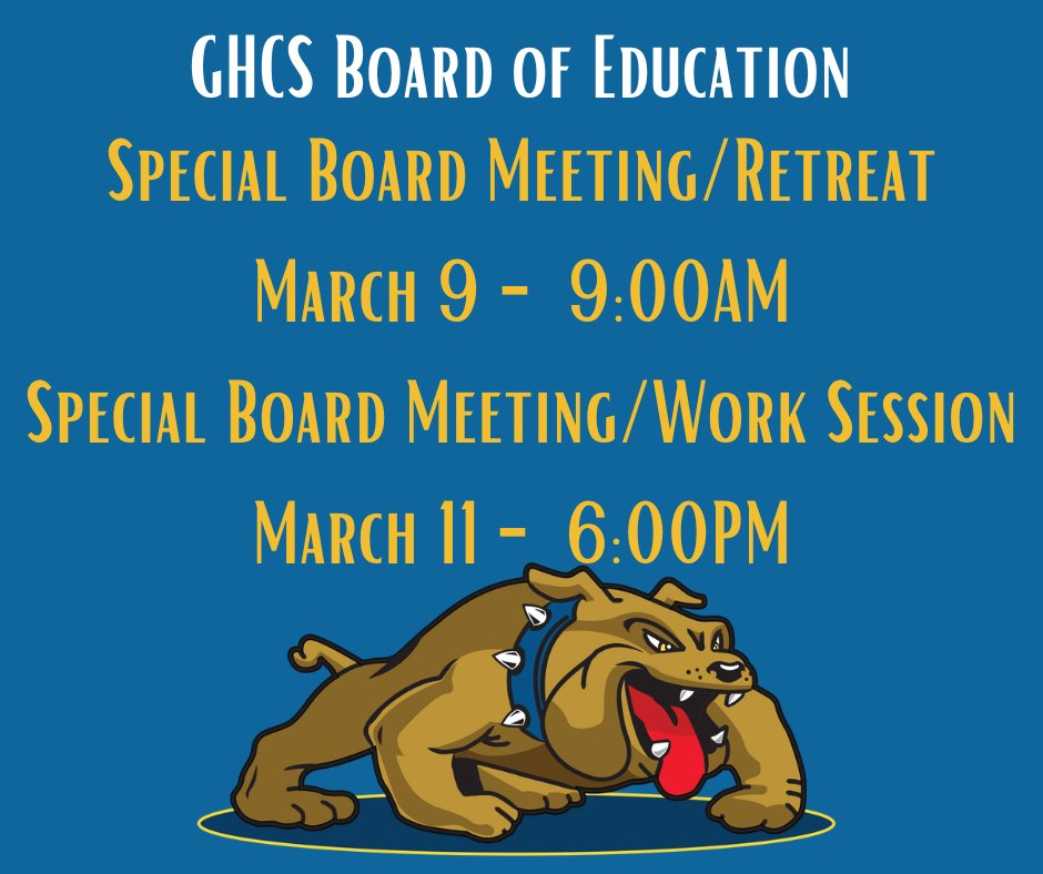 The Special Board meeting/retreat for the Garfield Heights Board of Education : Saturday March 9 at 9:00 AM 
A special board meeting/ work session : Monday March 11 at 6 PM at the Board offices of the Garfield Heights city schools at 5640 Briarcliff Dr. Garfield Heights, Ohio