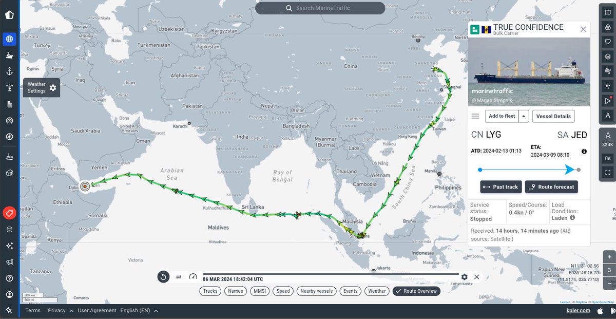 MarineTraffic highlights final movements of Greek-owned, Barbados flagged ship True Confidence, which was attacked in the Red Sea earlier.
2 people killed, marking first fatalities in strikes against global shipping lanes. Attack, claimed by Houthis, set vessel ablaze near Yemen.