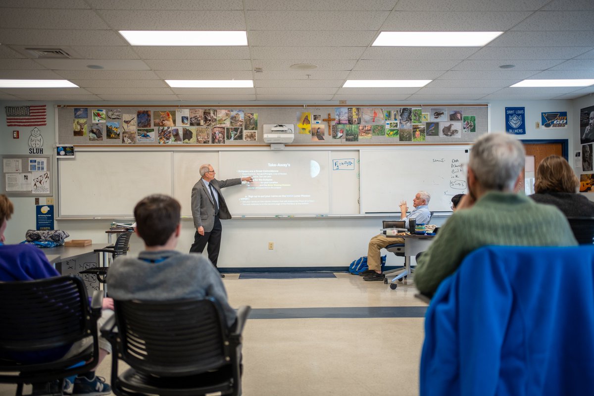 sluhjrbills's tweet photo. We had the honor to hear from John Strebeck '73 today in anticipation of the solar eclipse on April 8. Since retiring from the National Geo-Spatial Intelligence Agency in St. Louis, Strebeck has pursued an interest in astronomy, earning the award of Master Observer. #SLUHSTEM https://t.co/BzTqM64AVd
