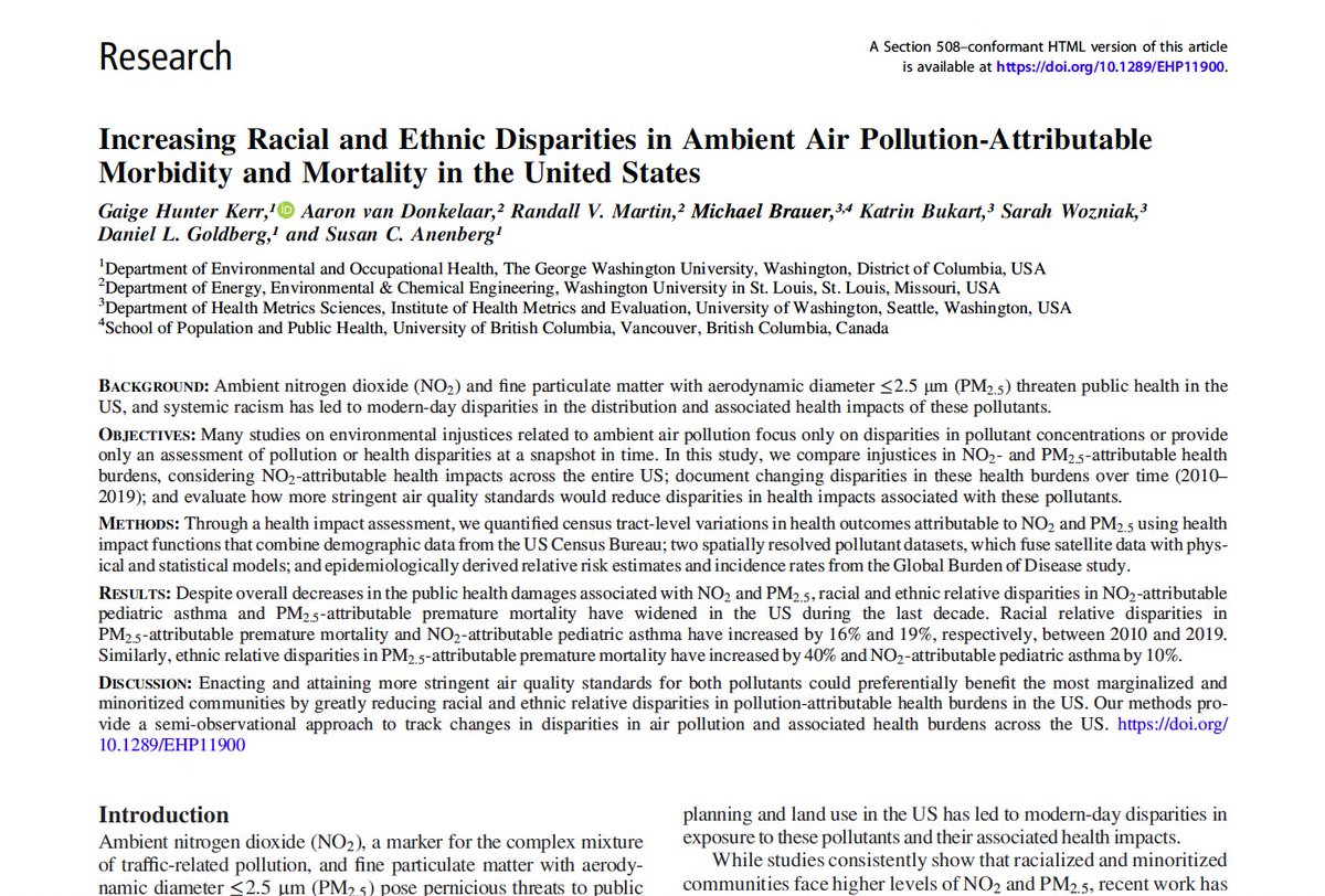 I'm happy to announce our new study on inequities in air pollution and associated health outcomes, which was published today in @EHPonline. I'm grateful to folks from @WUSTL, @IHME_UW, and @GWDeptEOH for their input and @NASA_HAQAST for funding! ehp.niehs.nih.gov/doi/10.1289/EH…