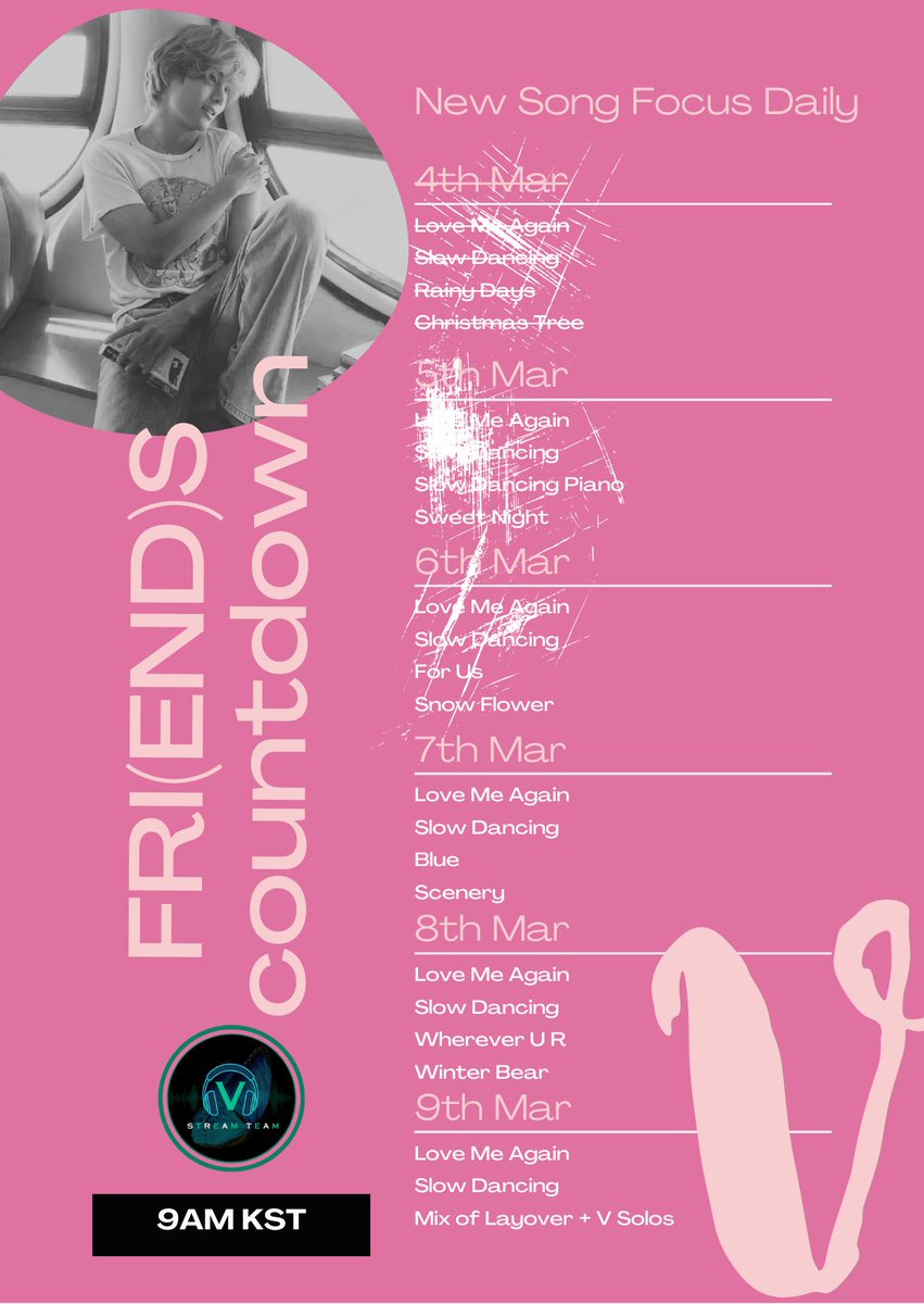 💜D4 of the FRI(END)S Countdown for Taehyung! 💜 D4 (7th March) Focus: Love Me Again, Slow Dancing, Blue, Scenery Spotify: open.spotify.com/playlist/48tZI… Renaissance Party: ren.fm/mej6ESss5aqjMc… Stationhead: share.stationhead.com/nupbphot8j2o