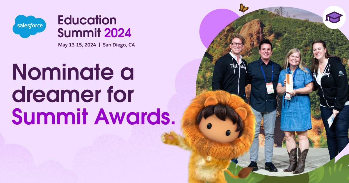 🏆 It’s Summit Award Season! 

✨ Nominate a dreamer today for one of 6 categories✨ winners to be announced on the keynote stage at Education Summit 2024. Nominate here before March 12th at 5PM PT ➡️ sforce.co/EduSummitAward…
#EduSummit24 #Sum...
