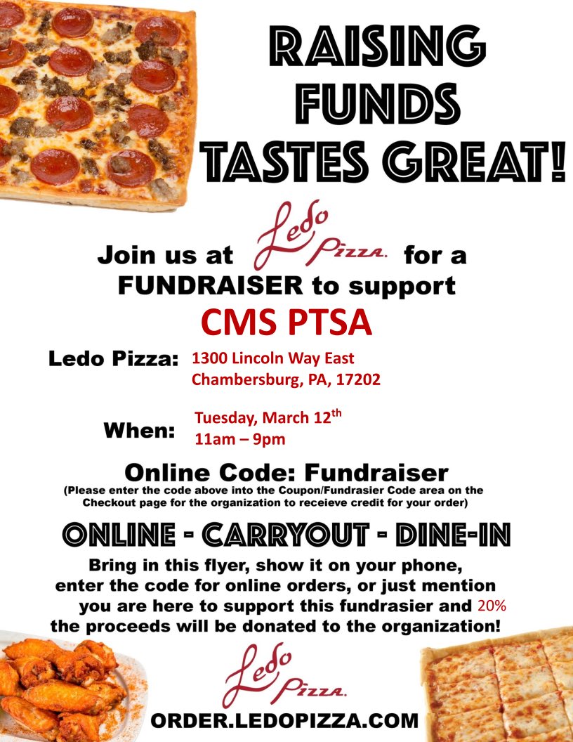 CMS_PTSA's tweet photo. UP NEXT: Ledo Pizza!!

Tuesday, March 12th from 11:00 AM to 9:00 PM

Eat in (show the graphic) or carryout (use the code “fundraiser”)! https://t.co/VIS2UkgQvR