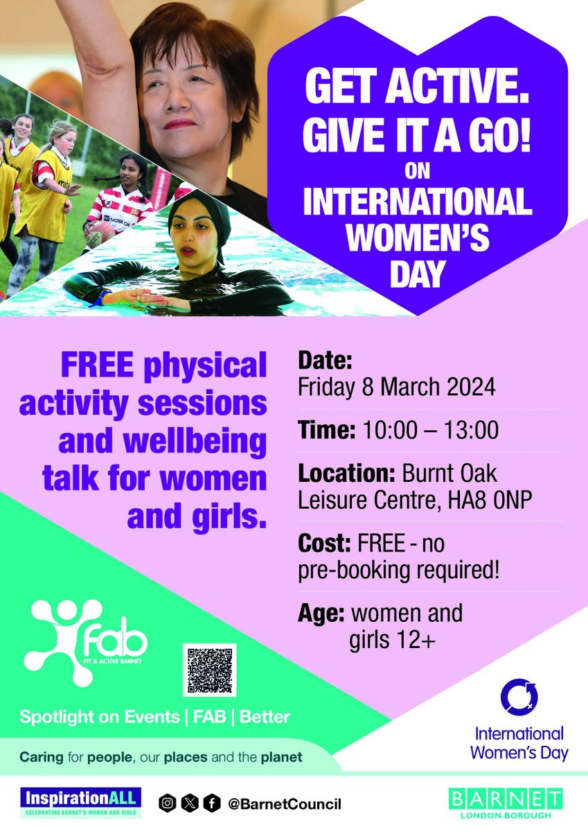 Women & Girls, come and join us for #IWD2024 Burnt Oak Leisure Centre Fri 8 March 10-1pm. Bollywood, Fitness, Exercise, Information & refreshments