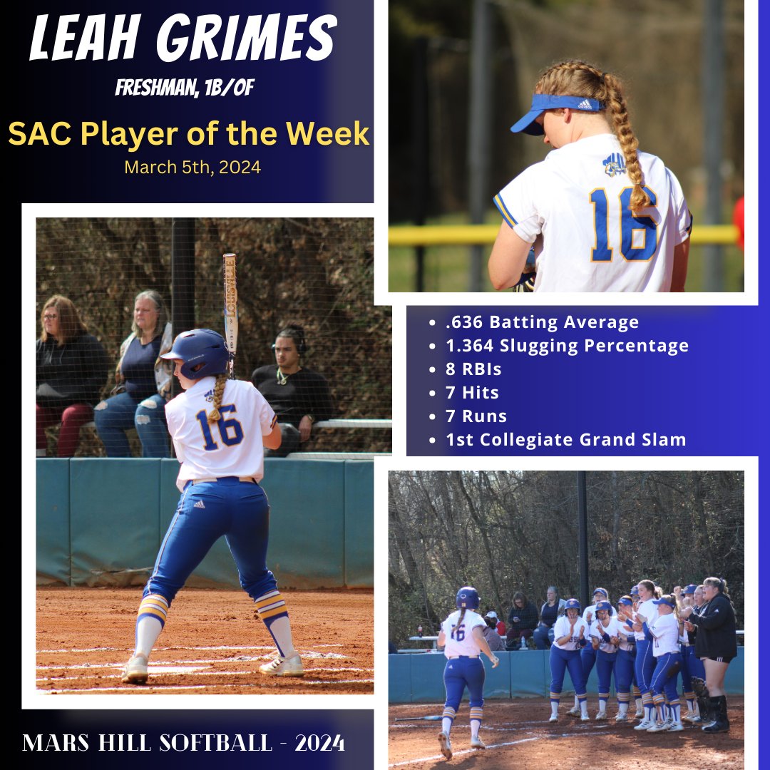 Big congratulations to Leah Grimes for receiving the South Atlantic Conference Softball Player of the Week! 

First of many to come for our stud Freshman first baseman! 🤩

#RollHill #LionMode
