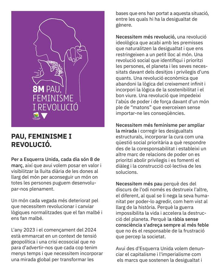 EUIB's tweet photo. 📣📣Dia 8 de Març tením una cita molt important on no pot faltar ningú!

Ens veim totes i tots als carrers!! ✊🏼💪🏼

#8M
#euib 
#diadeladona https://t.co/m71KORN1DW