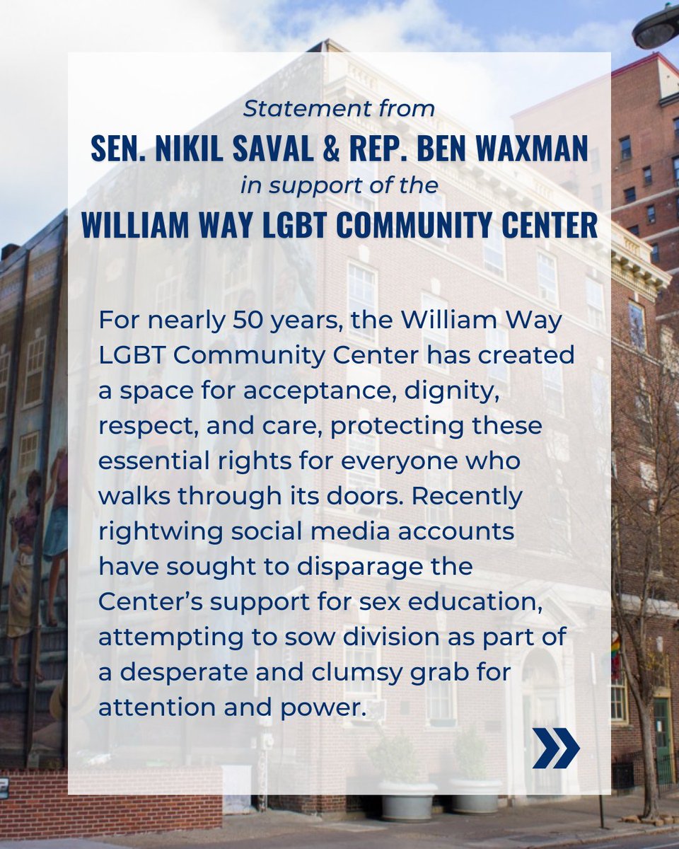 RepBenWaxman's tweet photo. Official statement from @SenatorSaval and myself regarding our continued support of the William Way LGBT Community Center @waygayphilly https://t.co/WOdmkHoStO