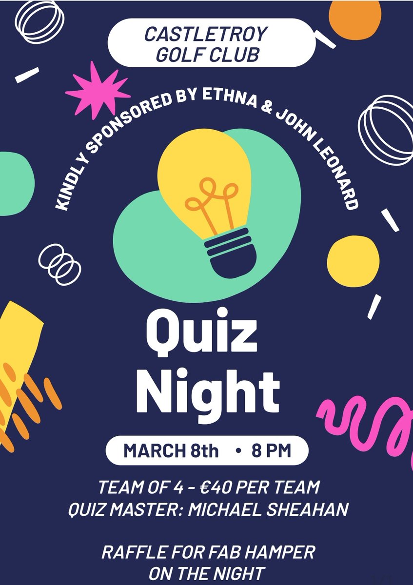 Our annual Quiz fundraiser is being held this Friday, March 8th at 8pm. Each team of four will cost €40 and our quizmaster on the night will be Michael Sheehan. Lots of prizes for both the quiz and the raffle. All are welcome