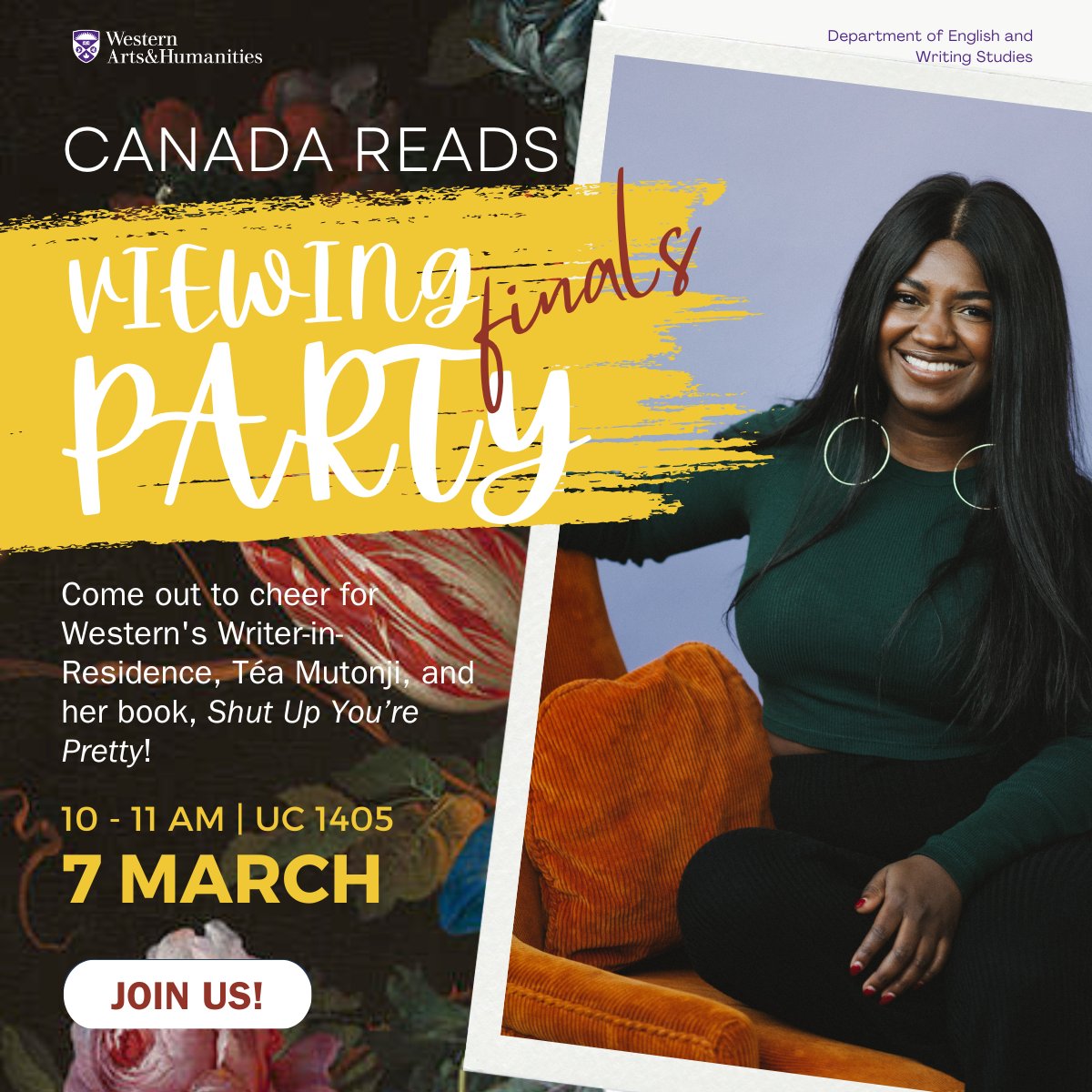 Please join us tomorrow at 10:00 a.m. in University College room 1405 to cheer for @teamutonji and Shut Up You're Pretty during the Canada Reads Finale!