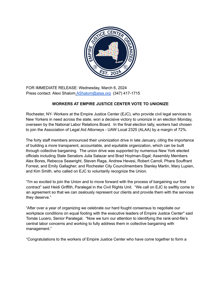 ejcorganized's tweet image. 📢We won our union election on Monday🎉💖

... and, yes, we are still smiling ear-to-ear about it!

Press release below👀👀

@TimesUnion @CapPressRoom @Newsday @RochesterBeacon @DandC @WXXINews @TheBuffaloNews @CityLimitsNews
