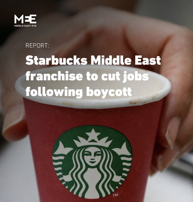 WASHINGTON (AA) - Starbucks'ın Orta Doğu'daki işletme haklarına sahip Kuveyt merkezli Alshaya Group, BOYKOT'lar nedeniyle işten çıkarmaya yöneldi. BOYKOT işe yarıyor sonuna kadar devam..! SOYKIRIMI DURDURUN #MuratKurum #HızlanmaZamanı Turgut Altınok