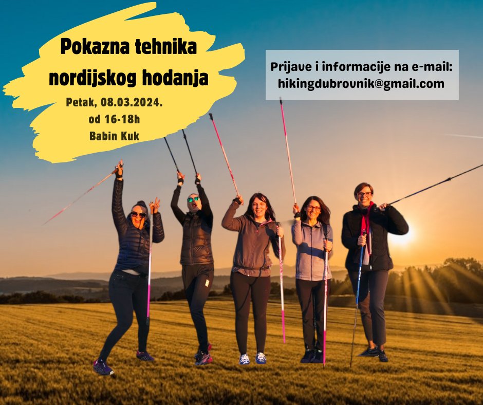 Pridružite nam se ovaj petak (08.03.24.) na Babinom kuku od 16-18h gdje ćemo održati pokaznu osnovnu tehniku nordijskog hodanja! 😊
Prijave za radionicu traju do petka 08.03. na e-mail: hikingdubrovnik@gmail.com
#dubrovnik