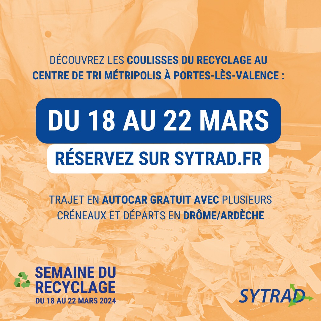 SYTRAD1's tweet image. ♻️ Semaine #Recyclage 2024 en Mars ♻️

Découvrez les coulisses du recyclage et du tri du 18 au 22 mars au centre #MéTRIpolis.

🚌Trajet en autocar offert
📆Plusieurs créneaux du 18 au 22 mars
👉Inscription obligatoire sur bit.ly/3V6wSdO

#sytrad #drome #ardeche