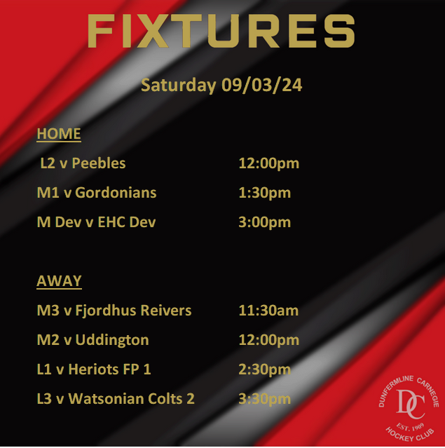 Fixtures for the weekend. Plenty of action at home again, starting at 12pm with our L2s, followed by M1s and finishing off with M Dev. Come along and support the teams.
