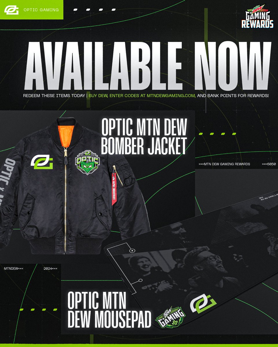 Our LIMITED EDITION Bomber Jacket & Full Mousepad 🔥🔥🔥 Buy Dew, Enter Codes, Get Rewarded ⭐ US only, 18+ (19 AL & NE). Ends 1/5/25. Subject to Rules: mtndewgaming.com
