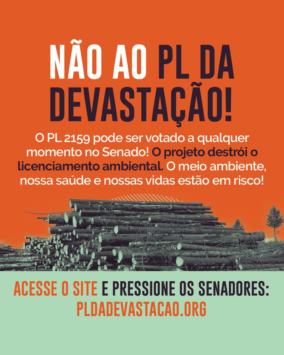 🌍O Senado pode votar a qualquer momento um PL que acaba com o Licenciamento Ambiental.

🛑Crimes com os da Vale e da Braskem vão ficar mais frequentes. É um absurdo completo! Não ao #PLdaDevastação!

Entre no site e pressione: pldadevastacao.org
