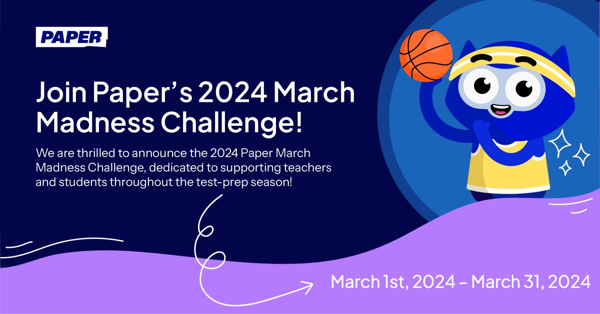 Test prep's a slam dunk with Paper's March Madness Challenge! 🏀

Students have 2 chances to win prizes like AirPods by scoring 3-Pointers! 
🎯 How? Complete a Paper activity on 3 different days before each draw.
🗓️ Prize Draws: Mar 15 &amp; Apr 1

Learn more: pages.paper.co/march-madness-…
