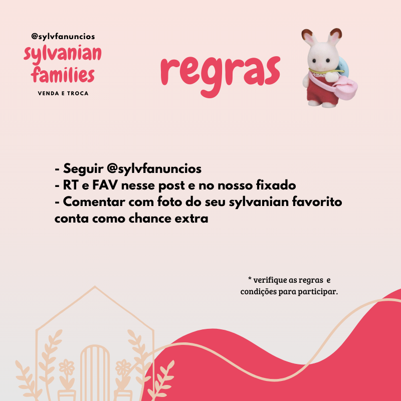 sylvfanuncios's tweet photo. ☆ ͡   SORTEIO DE ABERTURA SYLVANIAN FAMILIES V&amp;T ☆ ͡ 

pra comemorar a abertura dessa conta preparamos esse sorteio especial pra vocês. 

🌸 resultado: 09/03🌸

siga as regras, veja as condições abaixo 👇 e boa sorte 💓 https://t.co/KCxQmOxRy8