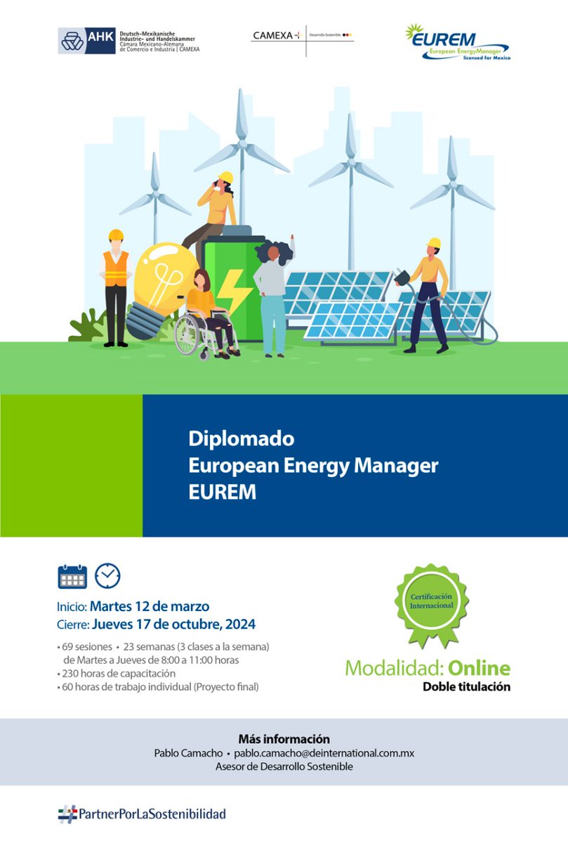 ¿Interesados en mejorar la gestión de energía y eficiencia energética en sus empresas e impulsar su carrera? Les comparto la información del Diplomado EUREM, ¡Estamos por iniciar! 🌱💡 #GestiónEnergética #NegociosSostenibles
Liga de registro: camexa-formularios.com/formulario/ins…