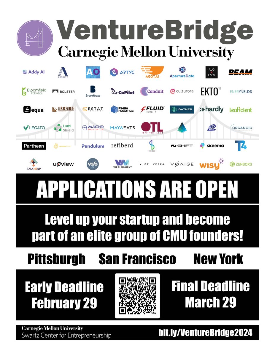 Are you a CMU alumni working on a startup? Apply to receive funding from CMU VentureBridge - San Francisco, New York, Pittsburgh. Final Deadline: March 29, 2024! Apply here shorturl.at/coCES #VentureBridge